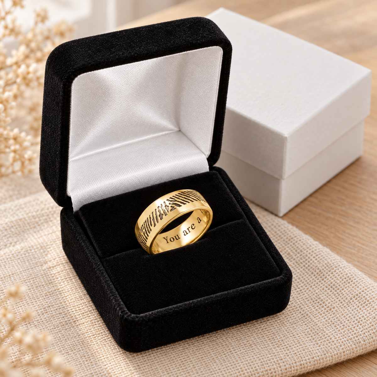 Men's Slender Line Solid 14k Gold Fingerprint Ring — gift box — evr30003kg