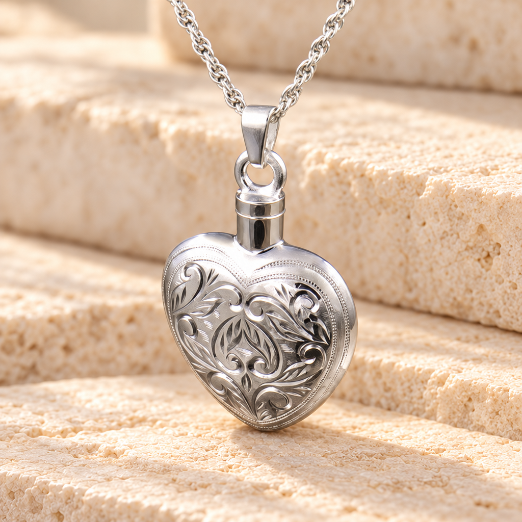 14k White Gold Etched Heart Cremation Keepsake — main — evr163wg