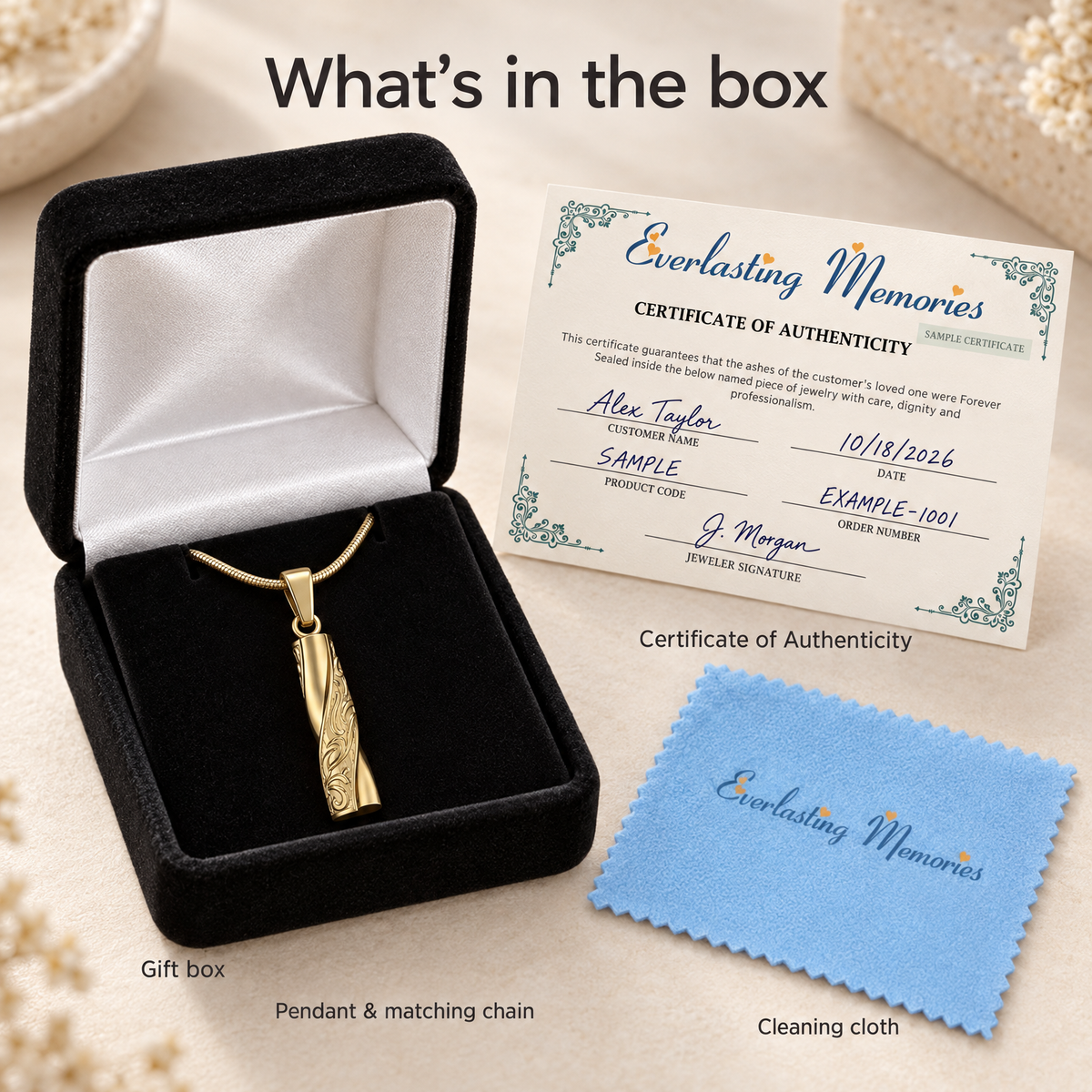 Gold Plated Twisted Cylinder Forever Sealed Cremation Jewelry — whats in box — evr6629gfs