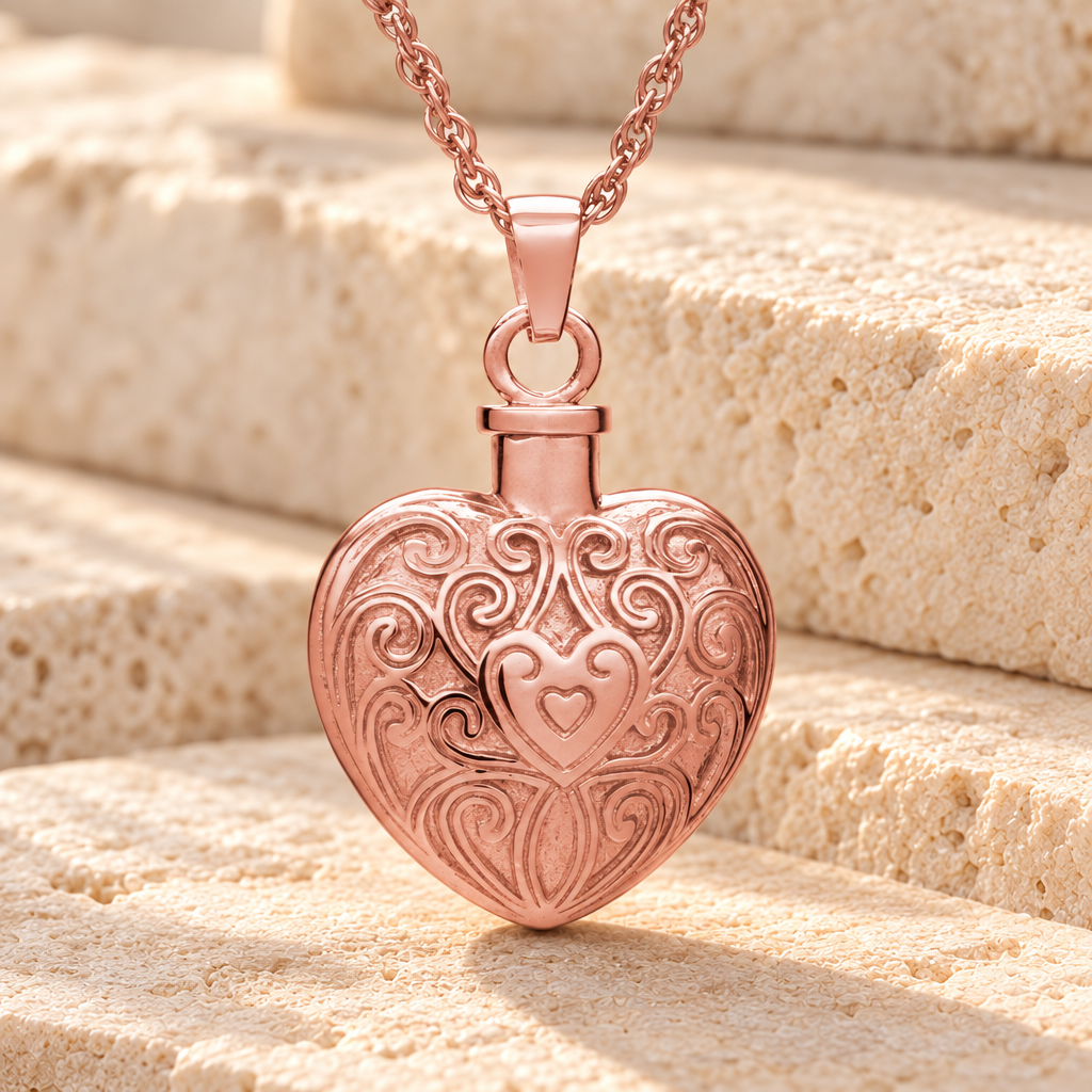 14K Rose Gold Filigree Love Heart Urn Necklace — main product image