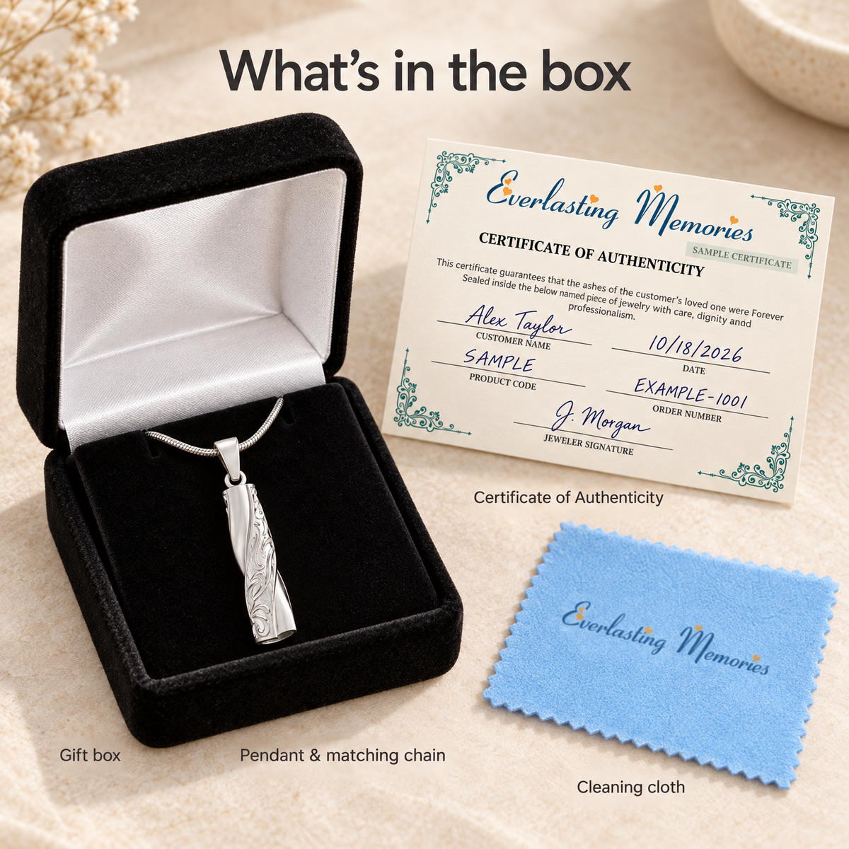 Solid 14K White Gold Twisted Cylinder Forever Sealed Cremation Jewelry — whats in box — evr6629wgfs