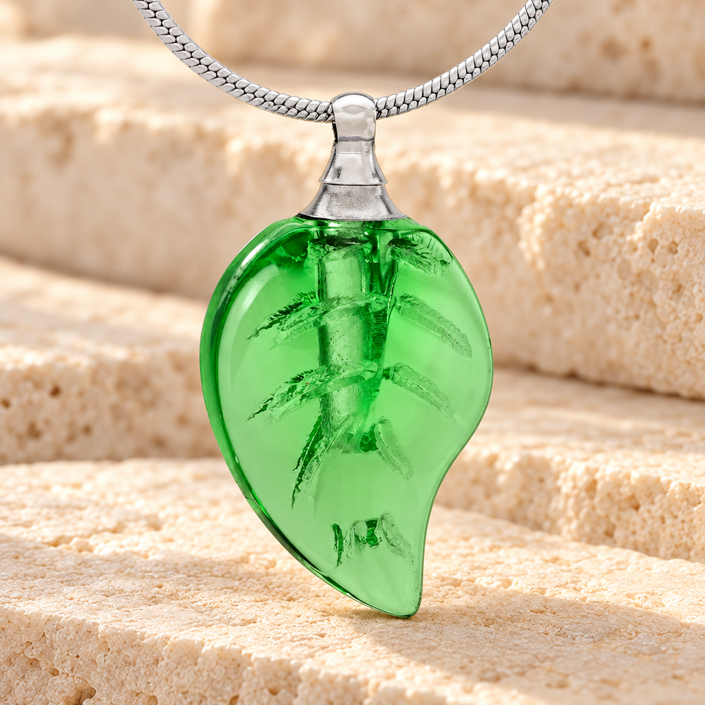 Glass Locket Green Leaf Cremation Jewelry — main — evr2533gr