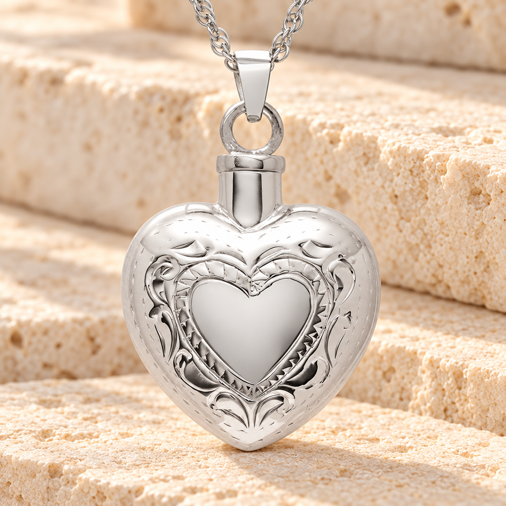 14k White Gold Etched Double Heart Cremation Urn Keepsake — main — evr162wg