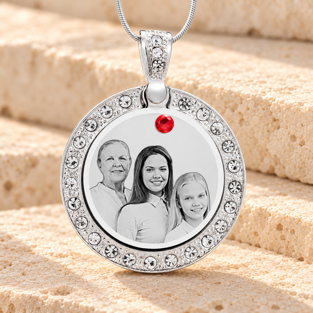 Birthstone Gem Circle July Photo Engraved Stainless Keepsake — main product image