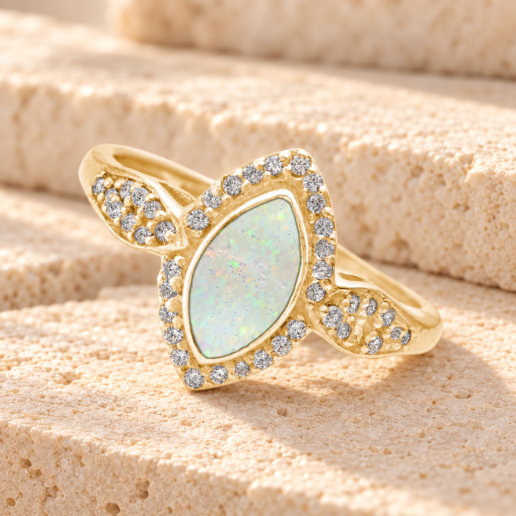 Solid 14K Gold Women's Sanctuary Ash Ring with Crushed Cream Opal — main product image