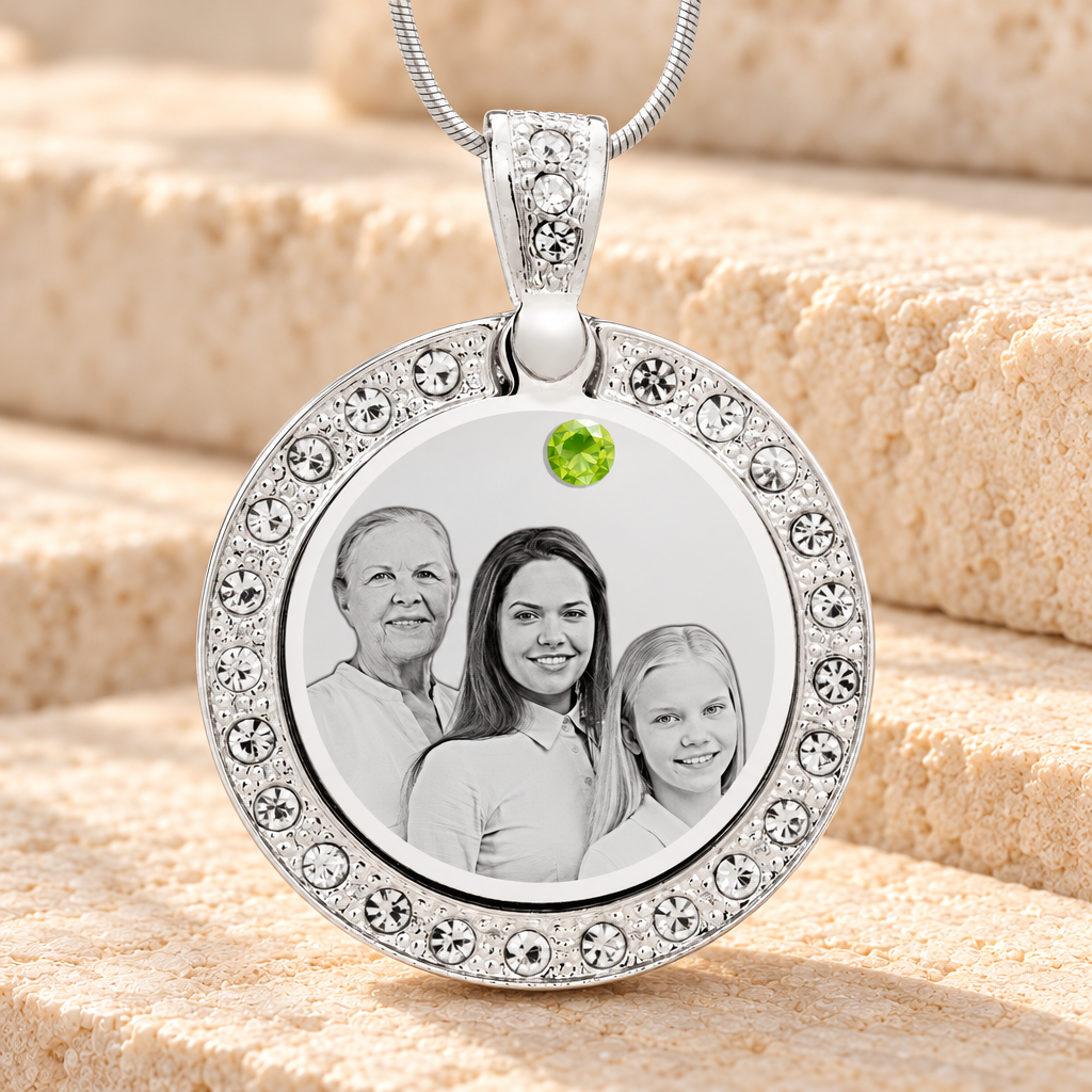 Birthstone Gem Circle August Photo Engraved Stainless Keepsake — main product image