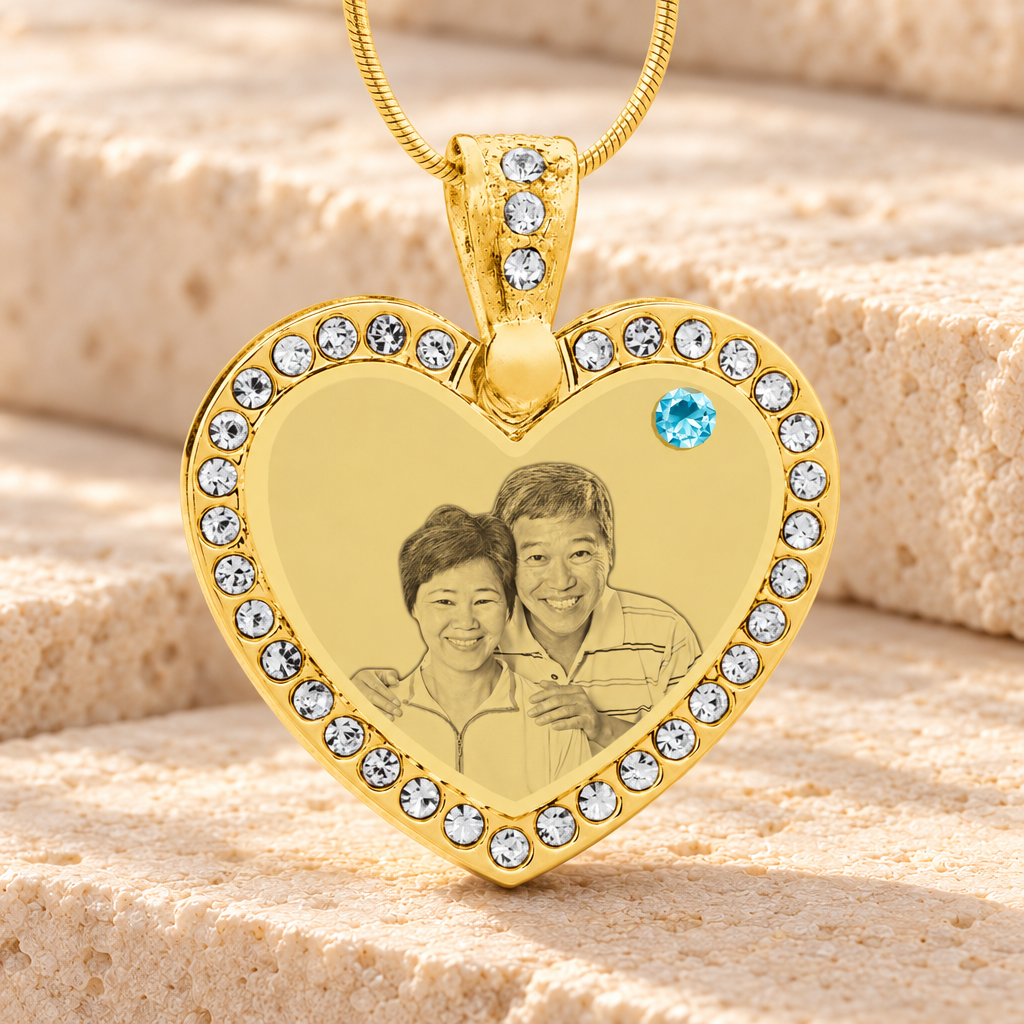 Birthstone Gem Heart March Photo Engraved Gold Plated over Stainless Keepsake — main product image