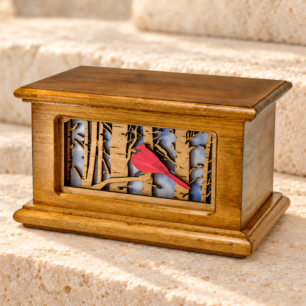 Cardinal in the Trees Wood Cremation Urn — main product image
