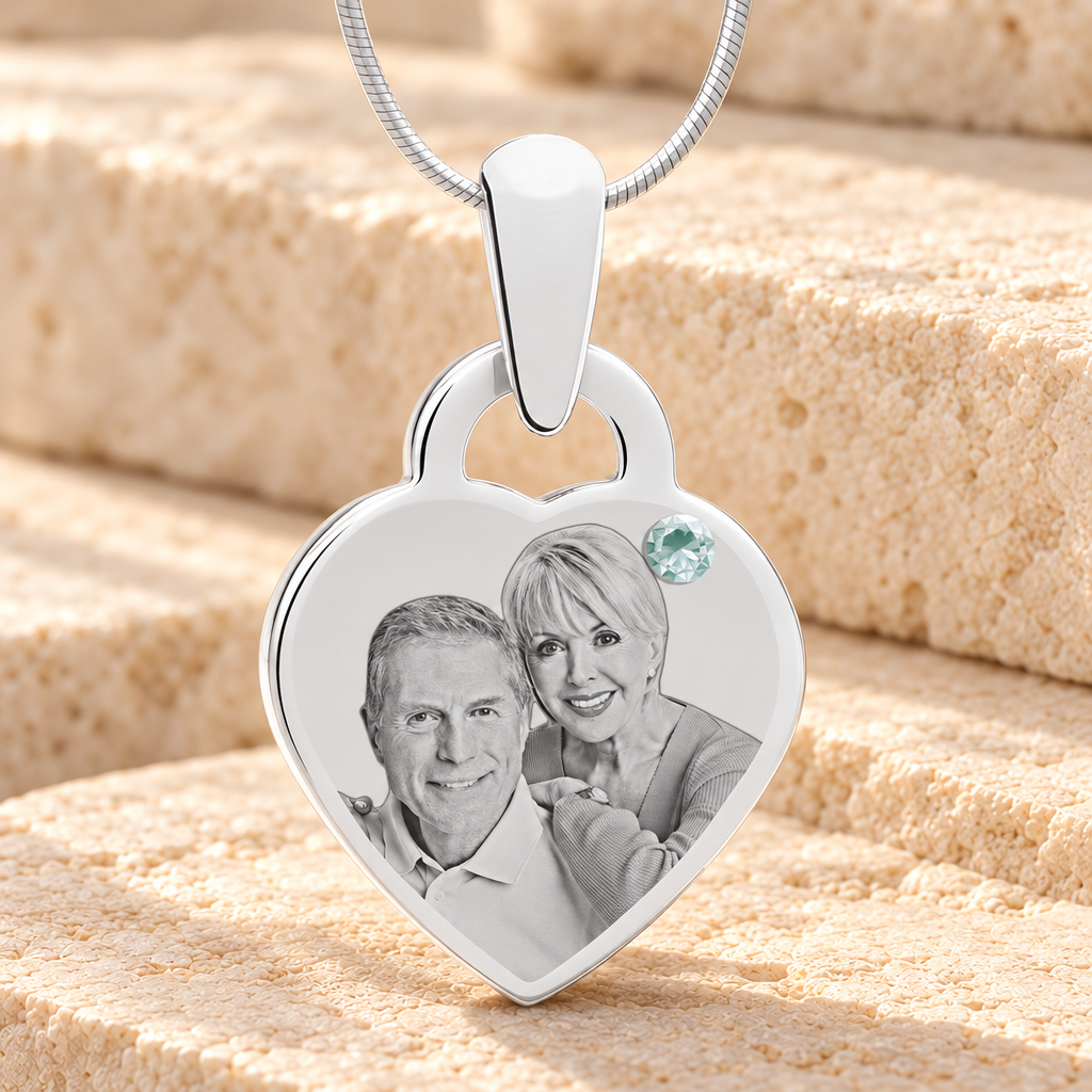 Birthstone Small Heart April Picture Engraved Stainless Keepsake — main product image
