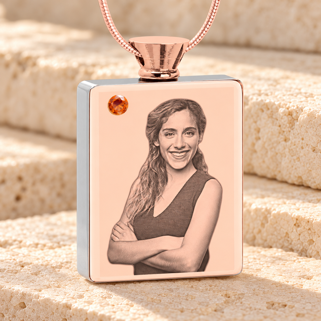 November Birthstone Rectangle Rose Gold Plated Photo Engraved Ash Pendant — main product image