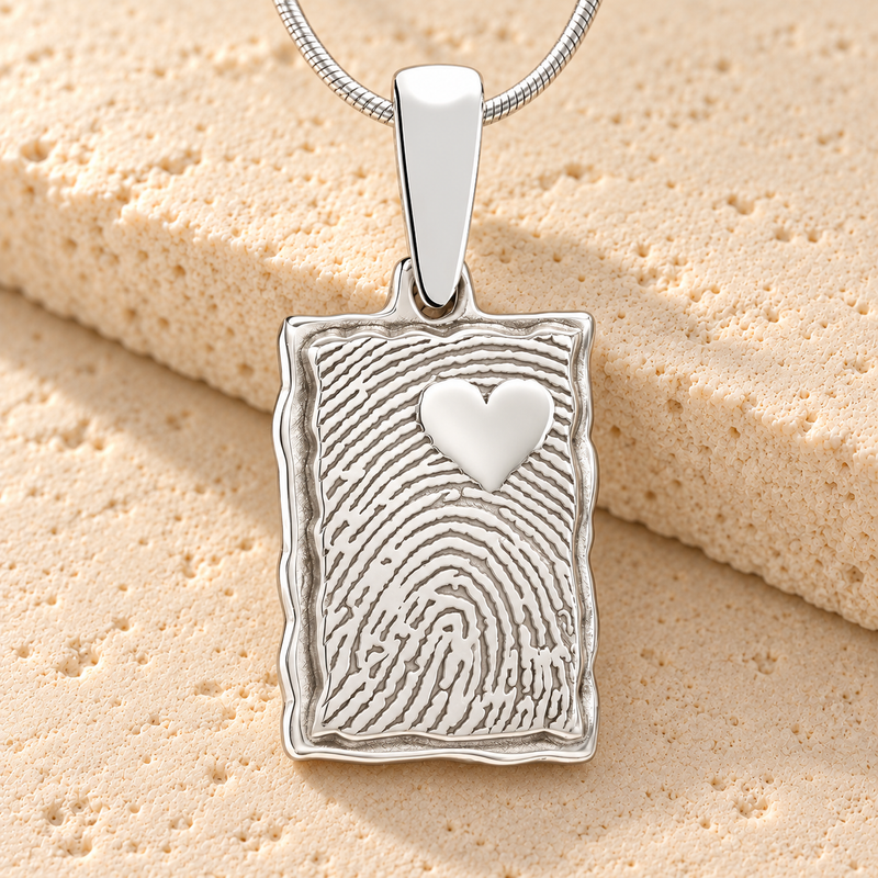 Solid 14k White Gold Loved Rectangle Fingerprint Necklace