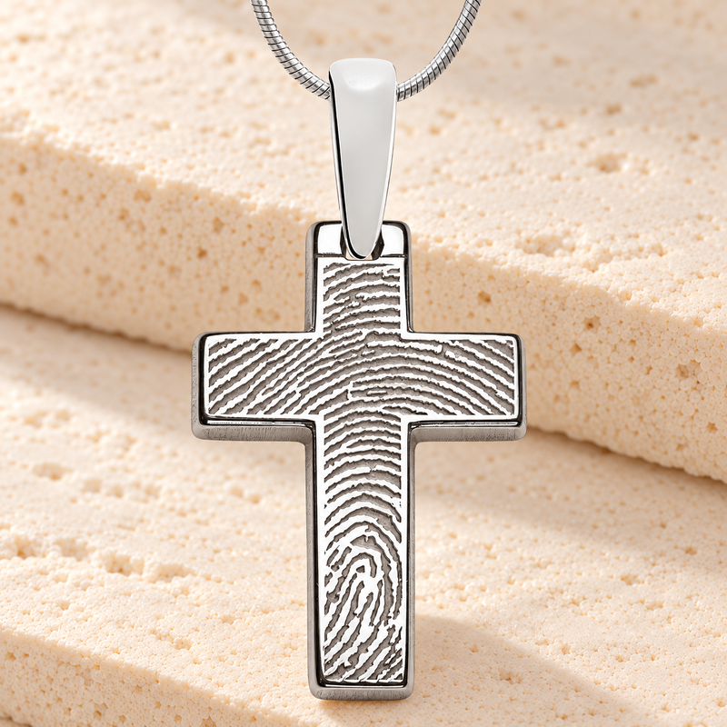 Solid 14k White Gold Simply Cross Fingerprint Necklace