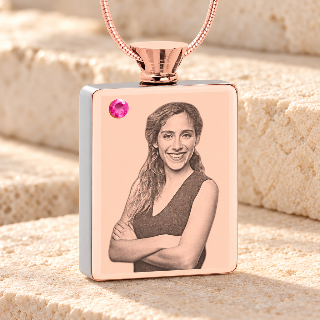 October Birthstone Rectangle Rose Gold Plated Photo Engraved Ash Pendant — main product image
