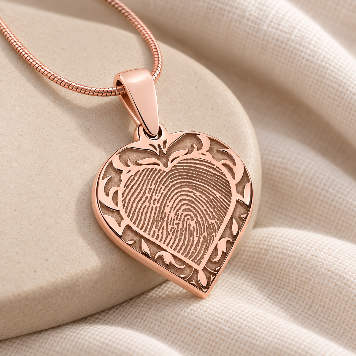 Rose Gold Plated Sterling Silver Carved Heart Fingerprint Necklace — alternate view — evr4832rg