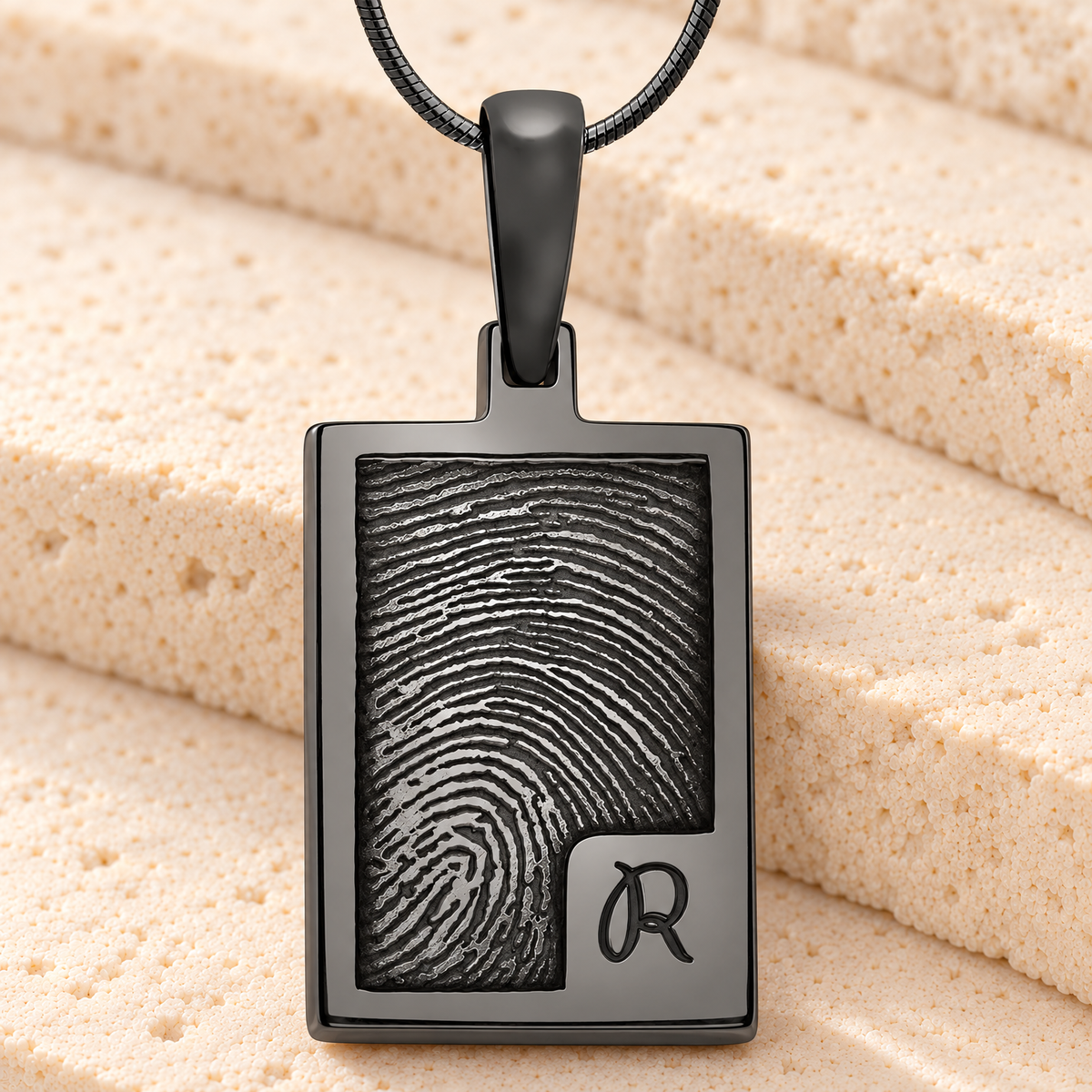 Black Plated Sterling Silver Simple Rectangle Fingerprint Necklace — main — evr4828b