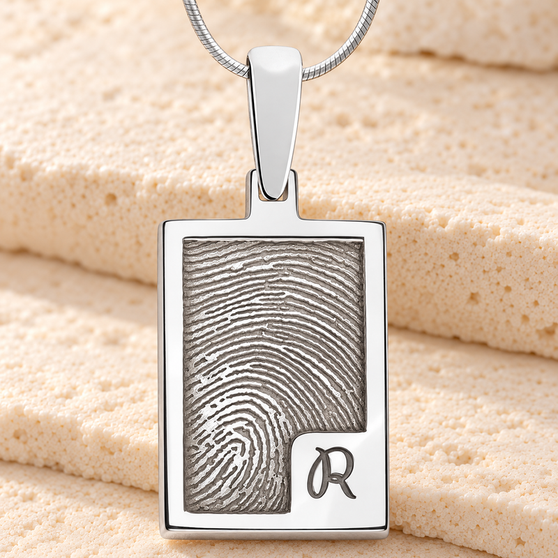 Solid 14k White Gold Simple Rectangle Fingerprint Necklace