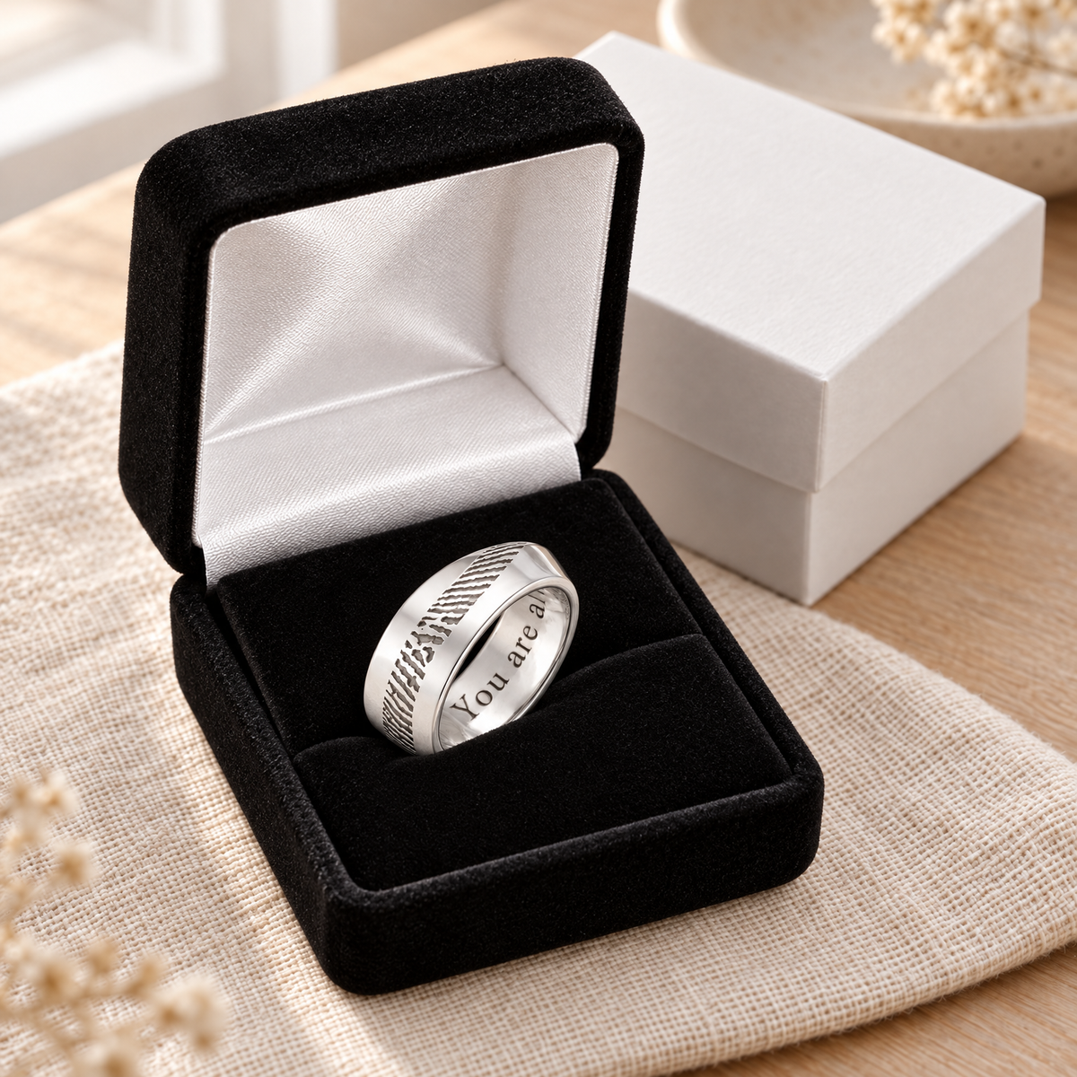 Men's Slender Line Solid 14k White Gold Fingerprint Ring — gift box — evr30003wg