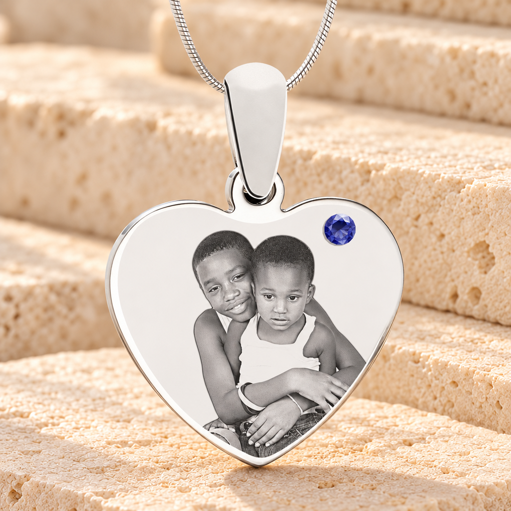 September Birthstone Heart Photo Engraved Stainless Keepsake — main product image