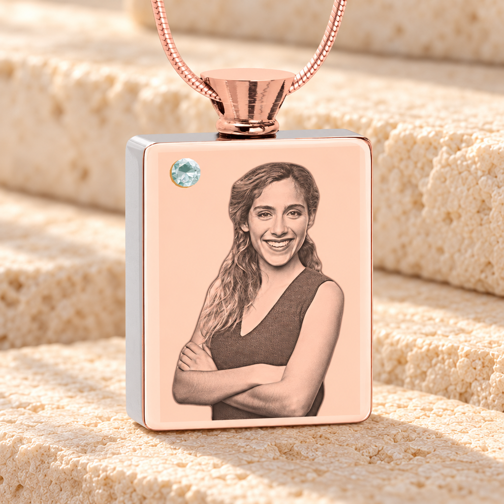 April Birthstone Rectangle Rose Gold Plated Photo Engraved Ash Pendant — main product image