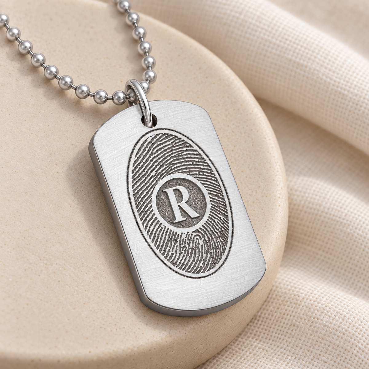 Brushed Thick Stainless Dog Tag with Initial Fingerprint Necklace — alternate view — evr4893fp