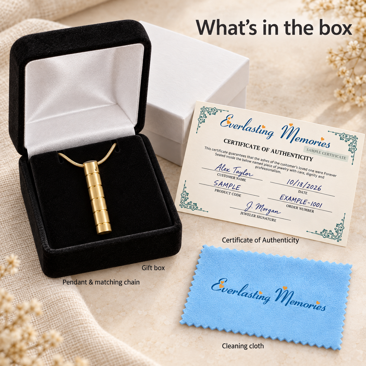 Gold Plated Carved Cylinder Forever Sealed Memorial Jewelry — whats in box — evr6630gfs