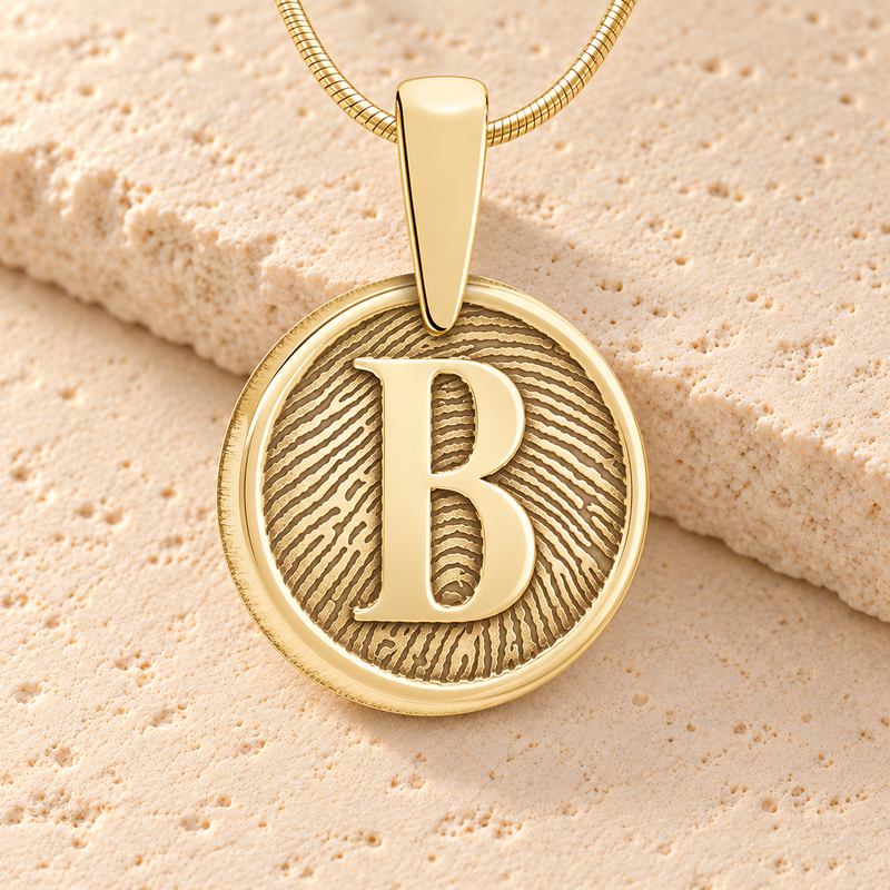 Solid 14k Gold Monogram Round Fingerprint Necklace