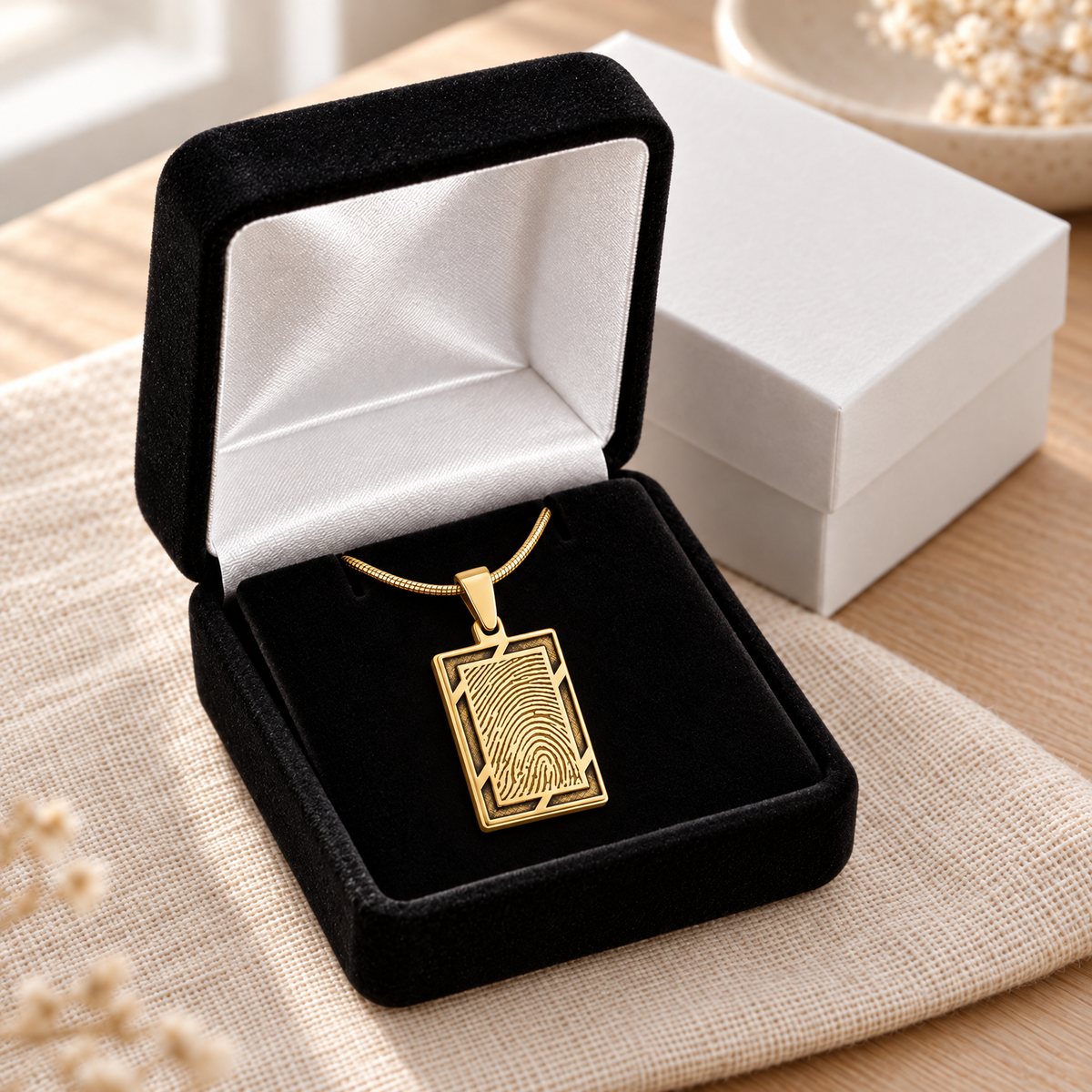 Gold Plated Framed Rectangle Fingerprint Necklace — gift box — evr4710g