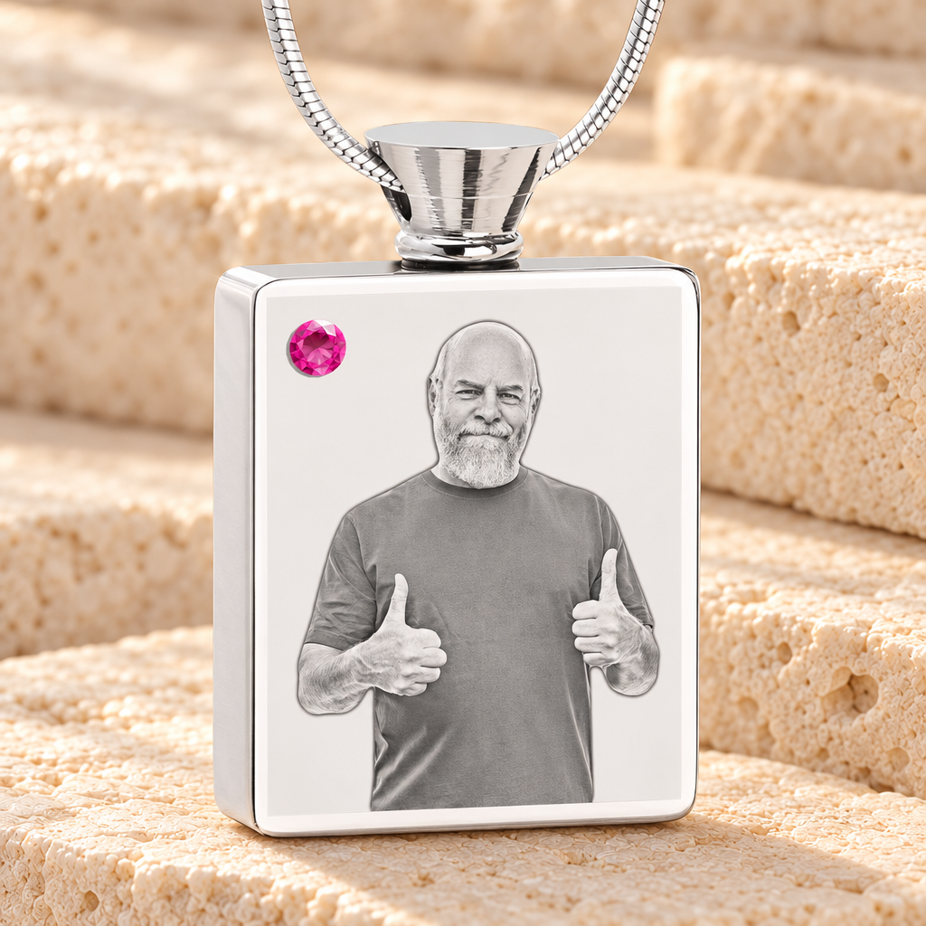October Birthstone Rectangle Stainless Steel Photo Engraved Ash Pendant — main product image