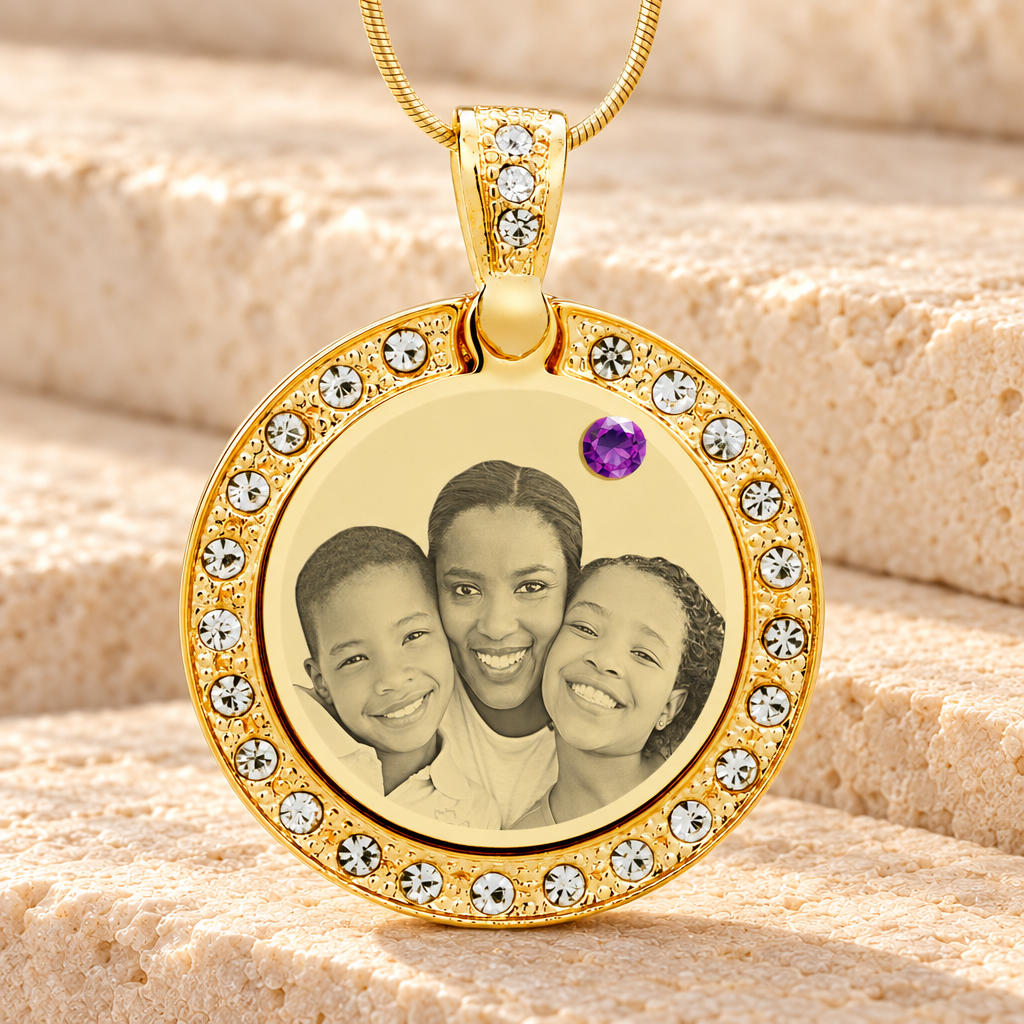 Birthstone Gem Circle February Photo Engraved Gold Plated over Stainless Keepsake — main product image