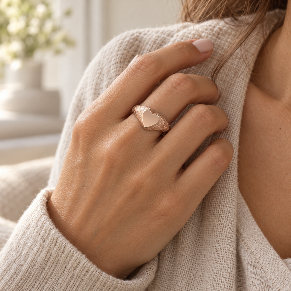 Solid 14K Rose Gold Signet with Pattern Forever Sealed Memorial Ring — lifestyle — evr20041krgfs