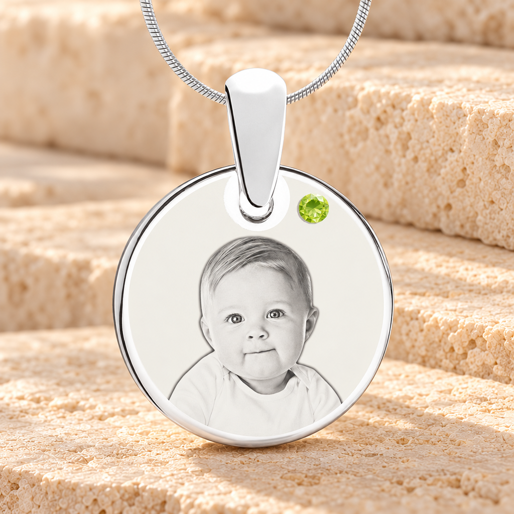 Birthstone Round August Photo Engraved Stainless Keepsake — main product image