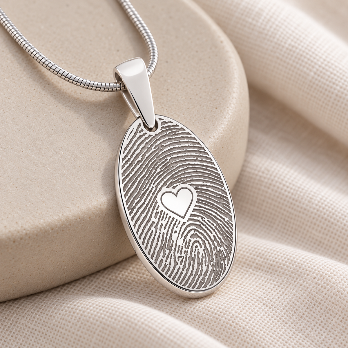 Solid 14k White Gold Loved Oval Fingerprint Necklace — alternate view — evr4823wg