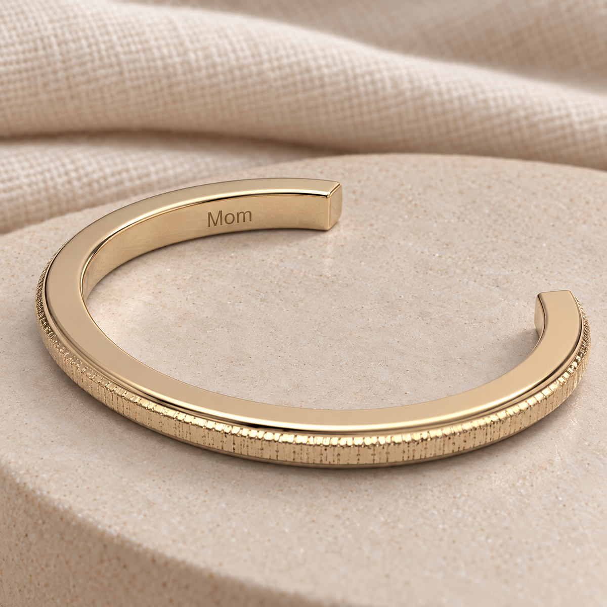 Solid 14K Gold Textured Cuff Forever Sealed Memorial Bracelet — rear engraving — evr20046kgfs