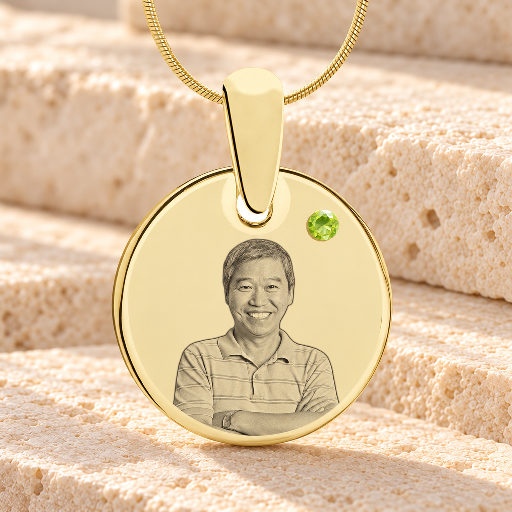 Birthstone Round August Photo Engraved Gold Plated over Stainless Keepsake — main product image