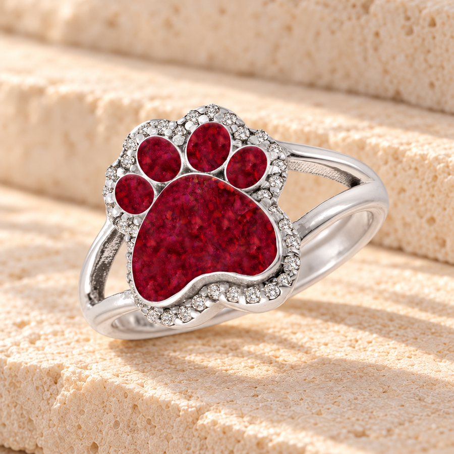 Women's Sterling Silver Paw Print Ash Ring with Scarlet Pearl Opal