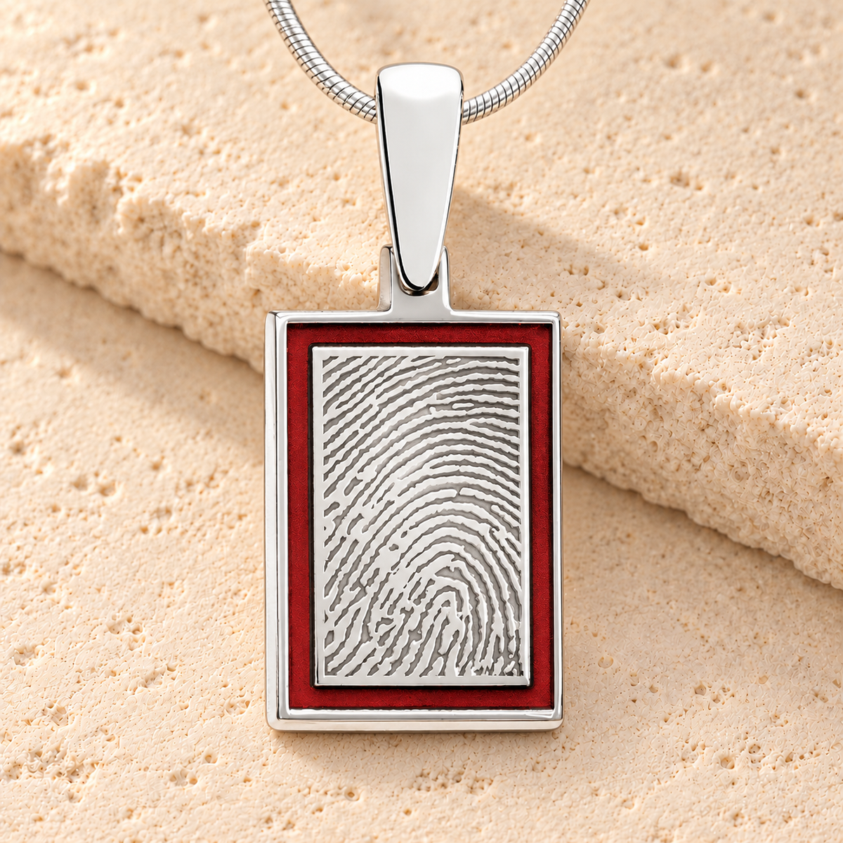 Silver Peony Framed Rectangle Fingerprint Necklace — main — evr4803red-130