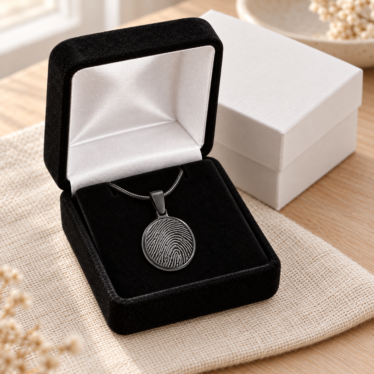 Round Black Plated Fingerprint Necklace — gift box — evr4704bl