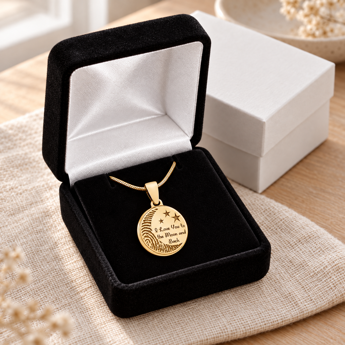 Solid 14k Gold Love You To The Moon Fingerprint Necklace — gift box — evr4716kg