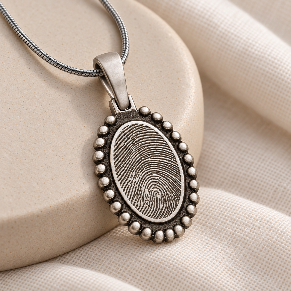 Antique Sterling Silver Beaded Oval Fingerprint Necklace — alternate view — evr4827as
