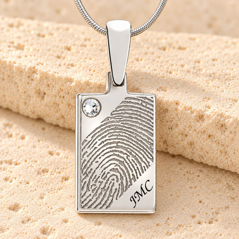 Solid 14k White Gold Birthstone Rectangle Fingerprint Necklace