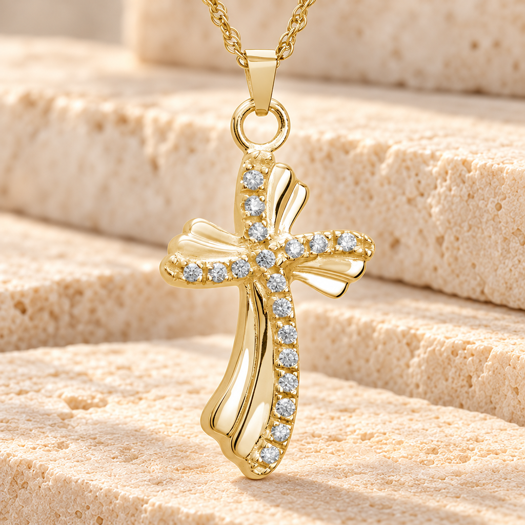 14K Gold Plated Rocky Cross Urn Necklace — main — evr733gv