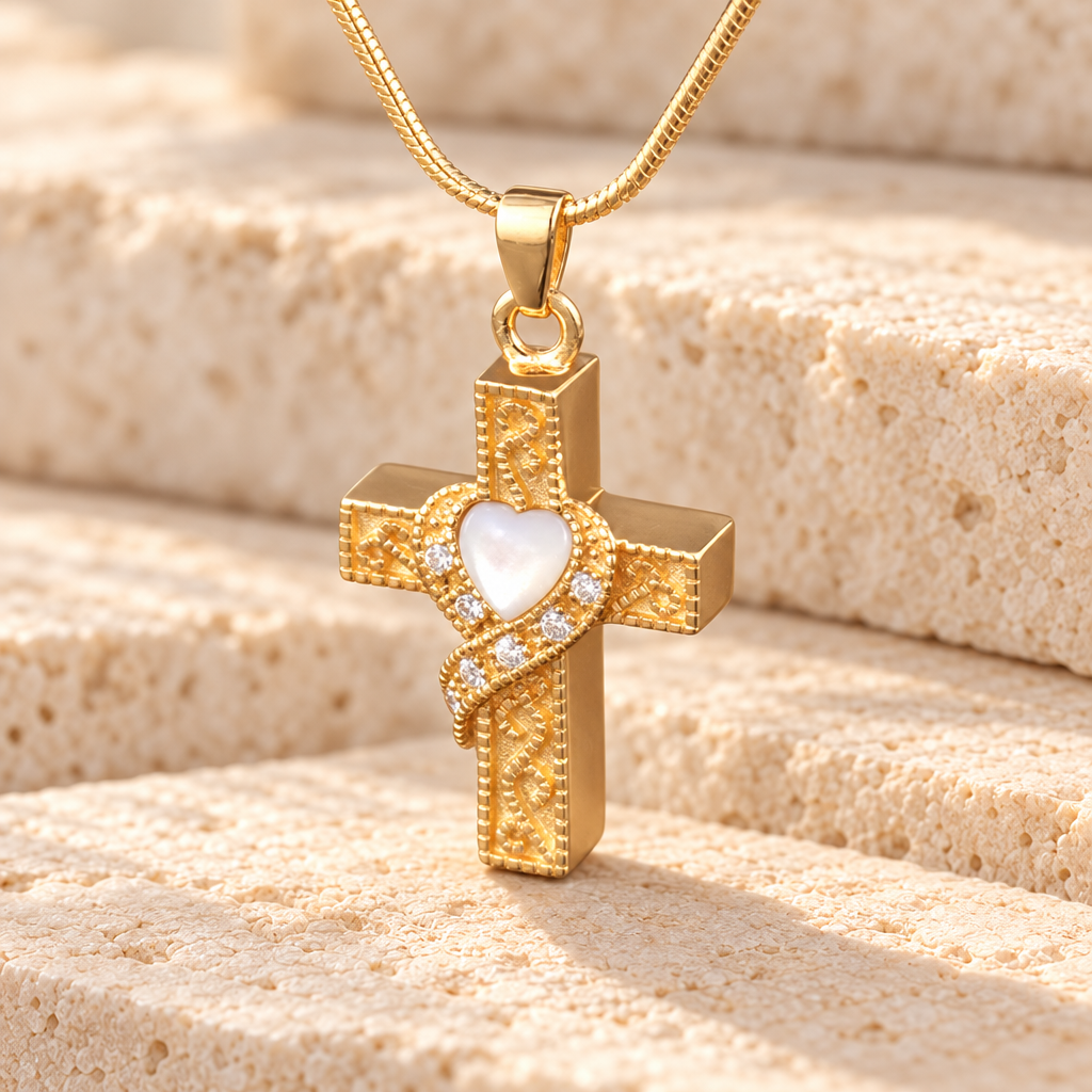 14k Gold Heart Cross Memorial Pendant — main — evr6028kg