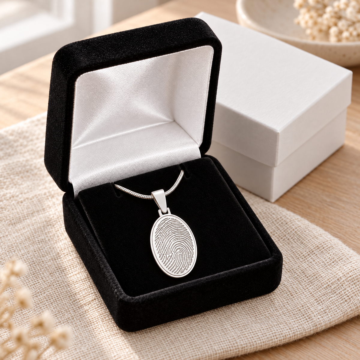 Sterling Silver Oval Fingerprint Necklace — gift box — evr4730ss