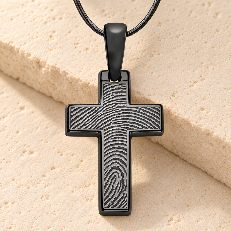 Black Plated Sterling Silver Simply Cross Fingerprint Necklace