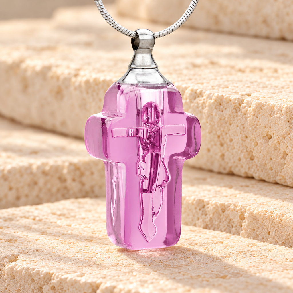 Glass Locket Pink Honorable Cross Memorial Pendant — main — evr2501